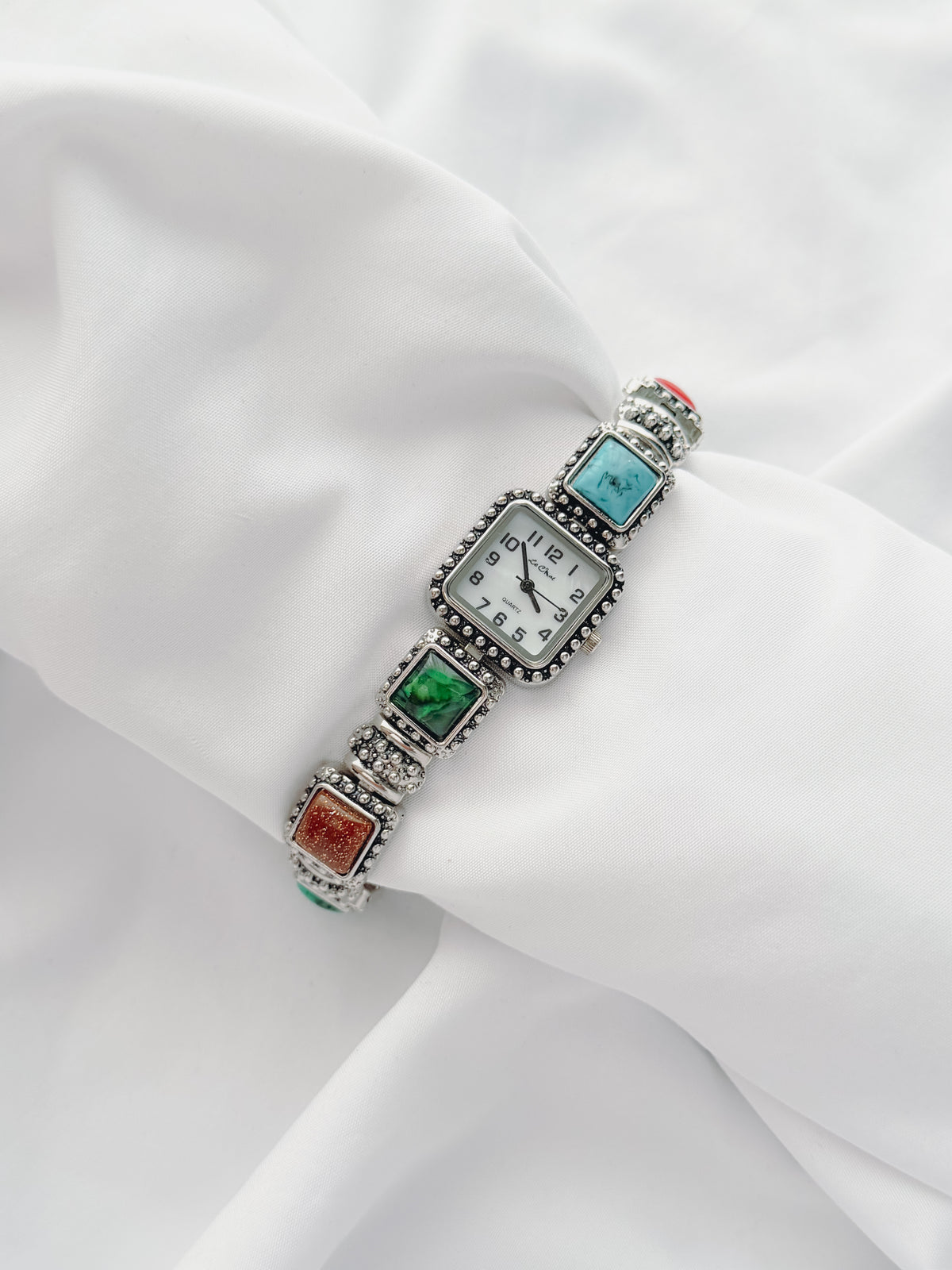 Silver - Multicolour Stone Bracelet Watch (1970s)