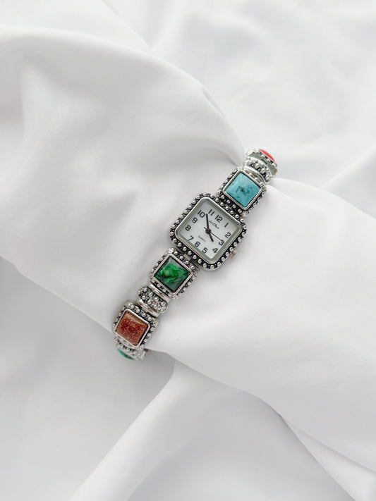 Silver - Multicolour Stone Bracelet Watch (1970s)