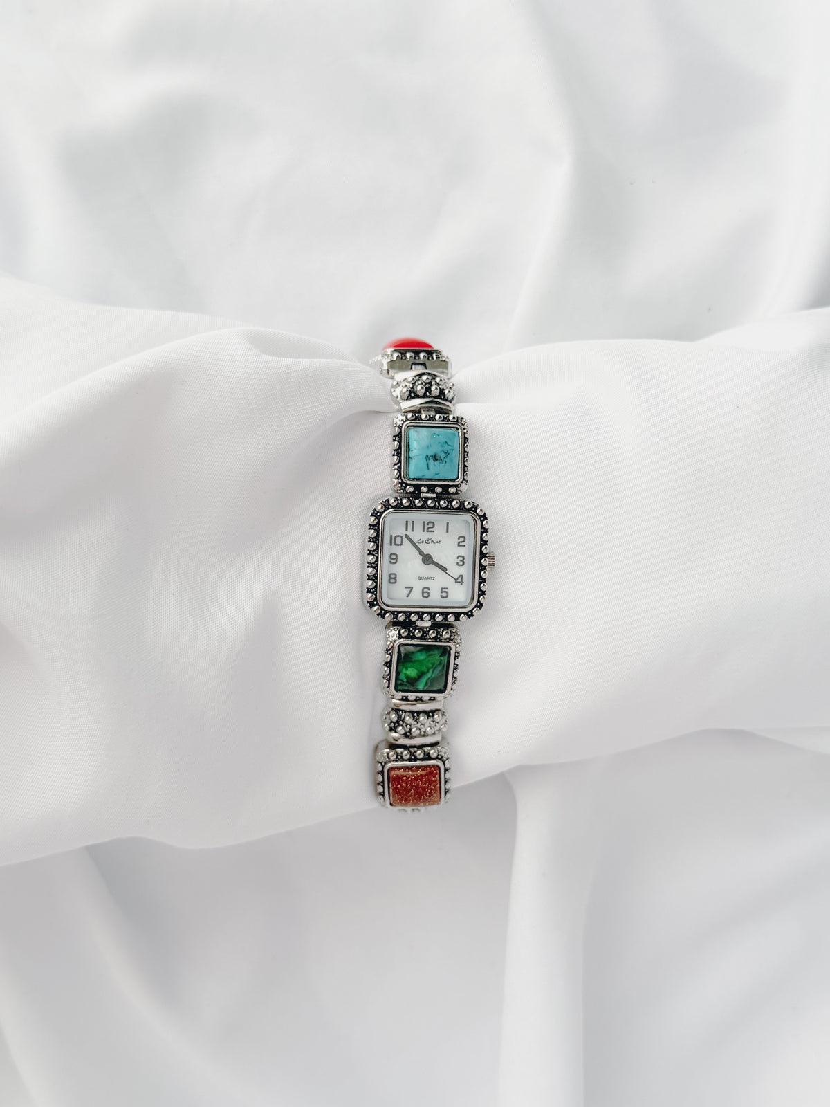 Silver - Multicolour Stone Bracelet Watch (1970s)
