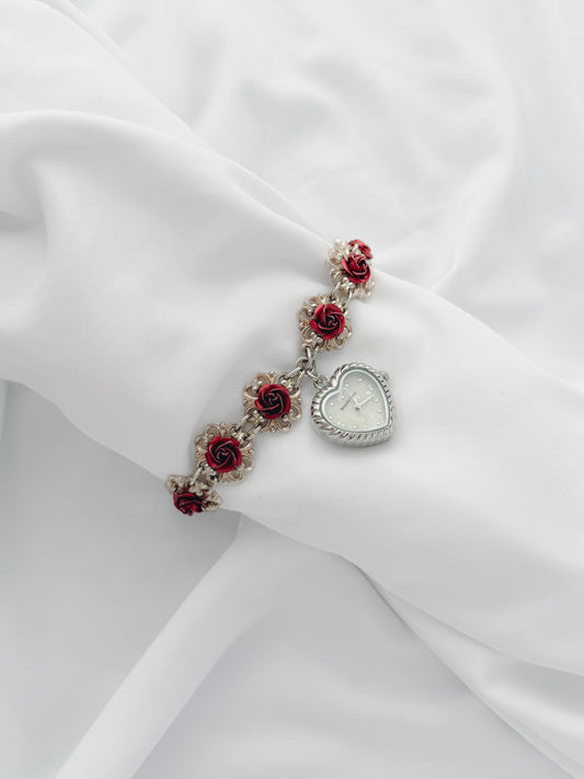 Silver - Red Rose Bracelet Watch