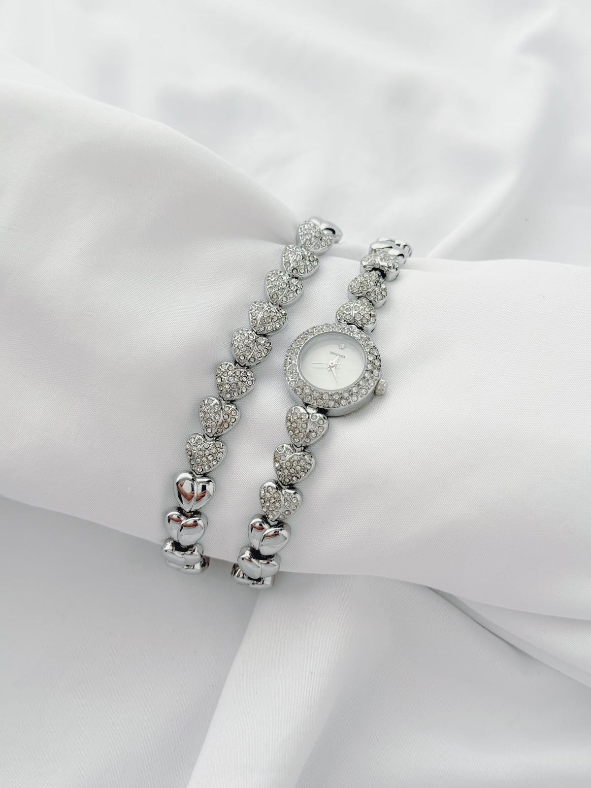 Silver - Crystal Heart Bracelet Watch & Bracelet Set