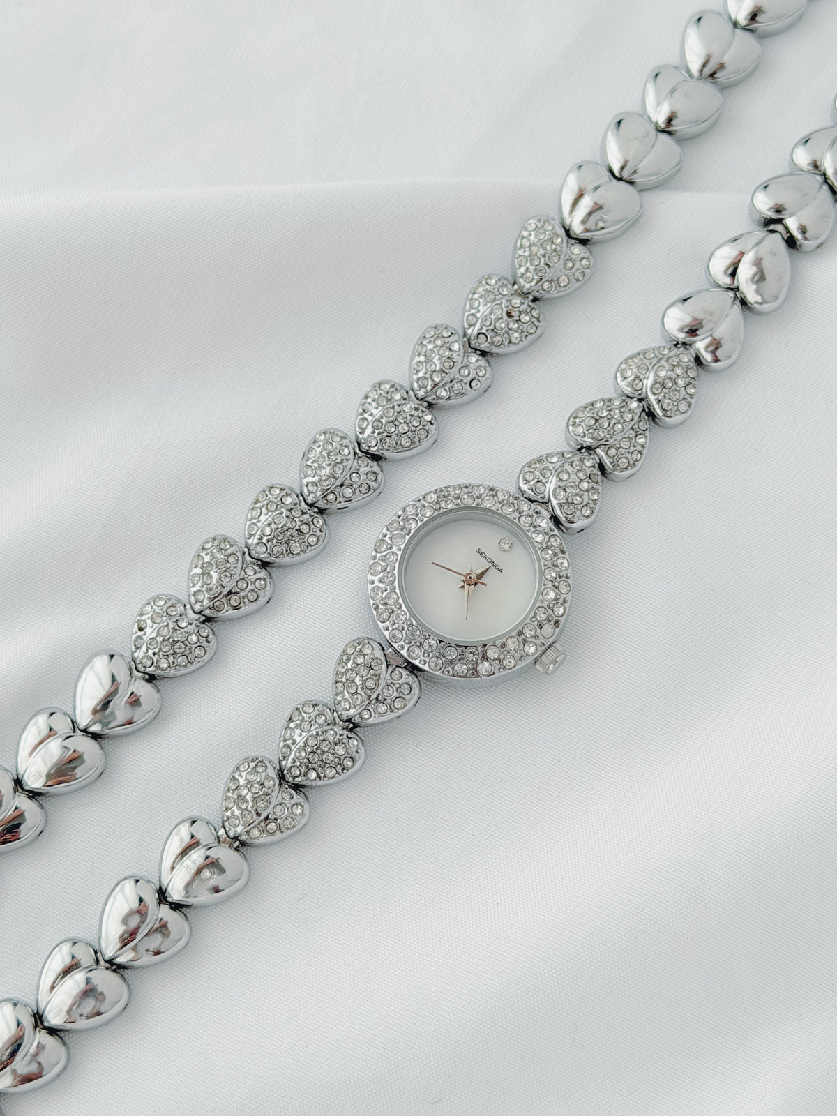 Silver - Crystal Heart Bracelet Watch & Bracelet Set