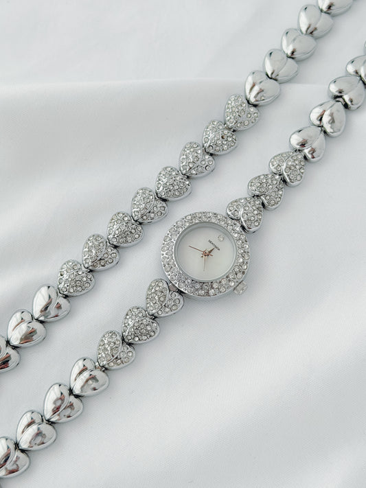 Silver - Crystal Heart Bracelet Watch & Bracelet Set