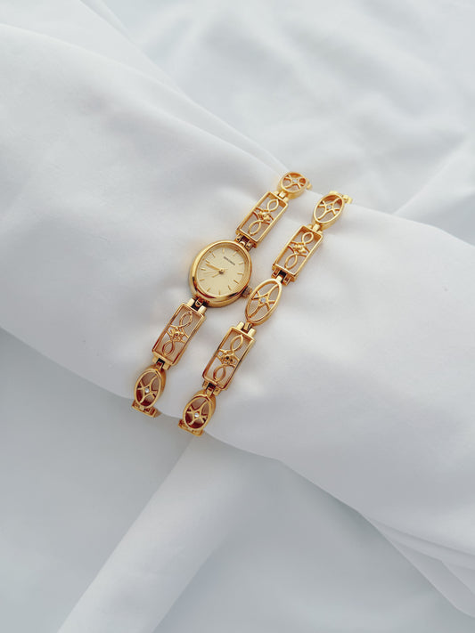 Gold - Ornate Link Vintage Watch & Bracelet Set