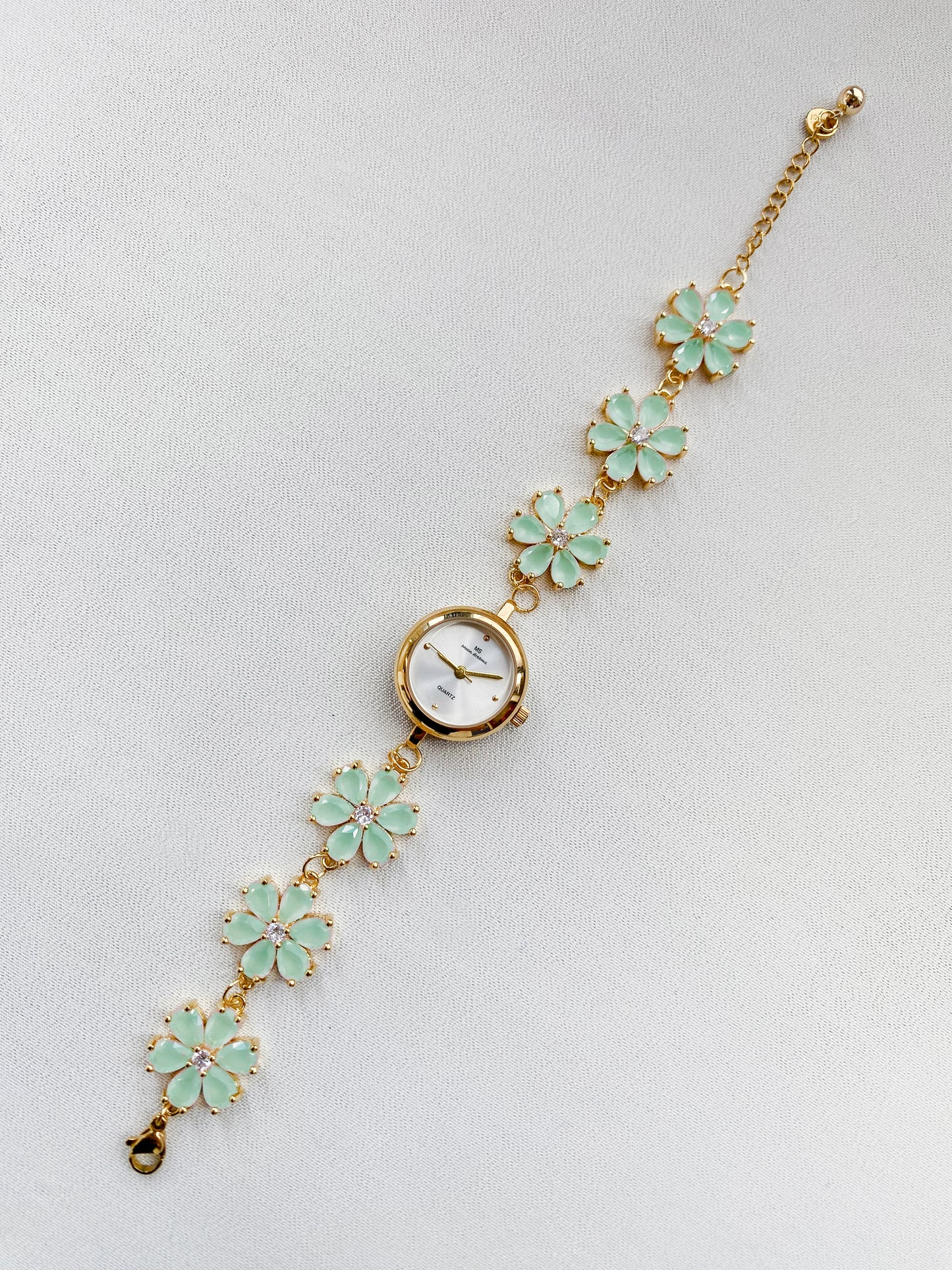Gold - Aquamarine Jade Crystal Flower Watch